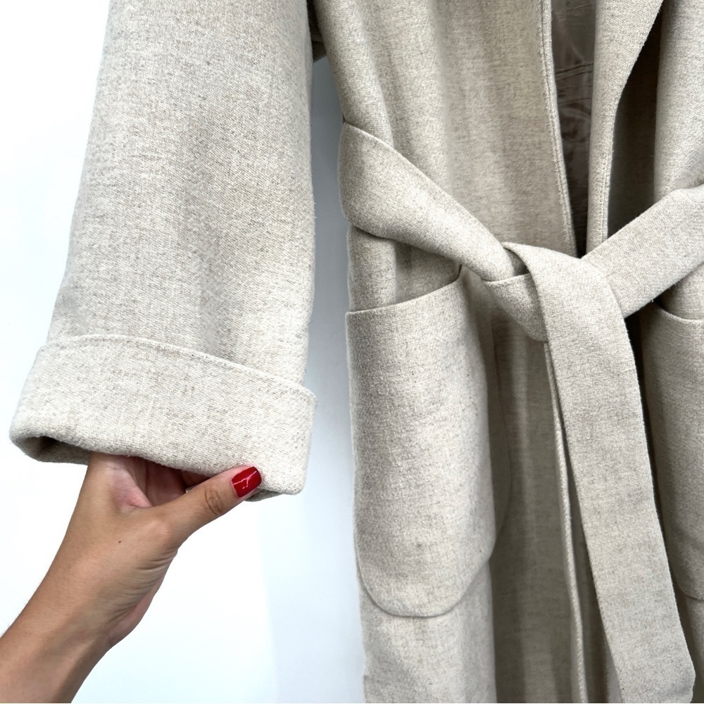 Zara Oatmeal Lapel Coat Zara Pocket Belt size XS Long Mid Length Coat size XS - Picture 4 of 9